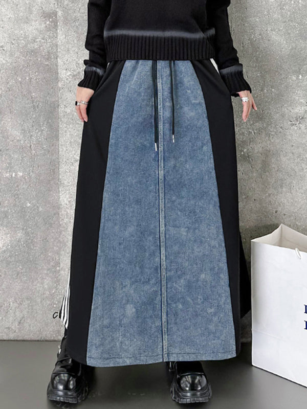 A-Line Loose Contrast Color Drawstring Split-Joint Striped Skirts Bottoms