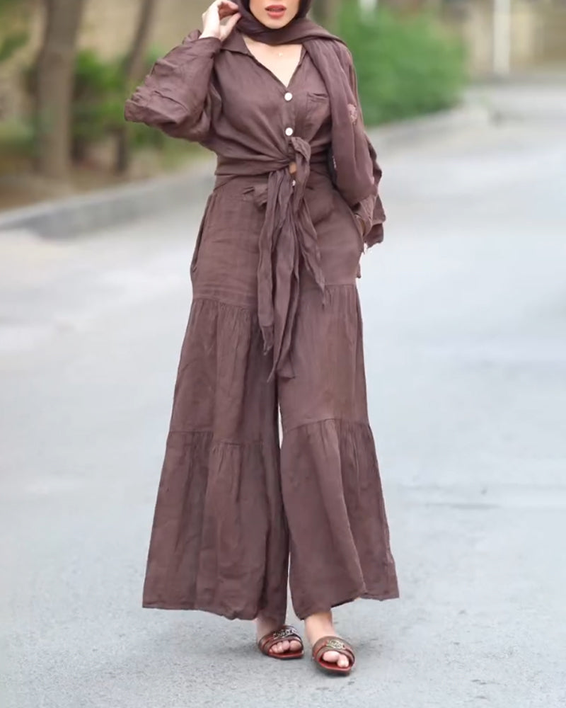 Casual Comfortable V-Neck Lace-Up Top & Wide Leg Pants Two-Piece Set