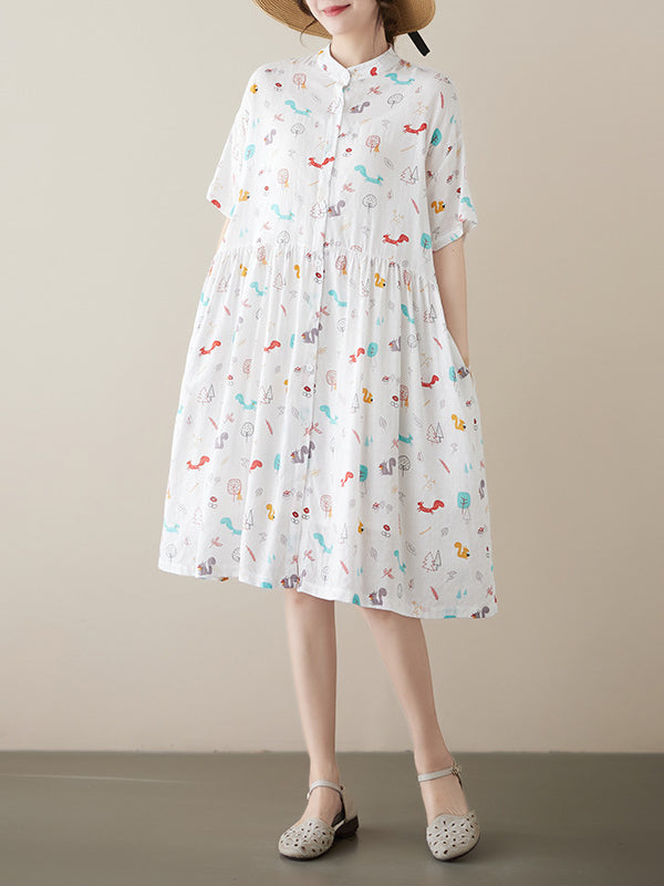 Literary Print Stand Collar Short Sleeve Midi Dress
