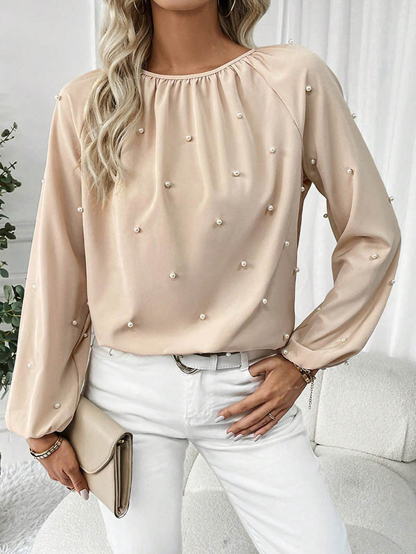 Long Sleeves Loose Beaded Elasticity Pleated Solid Color Round-Neck Blouses&Shirts Tops