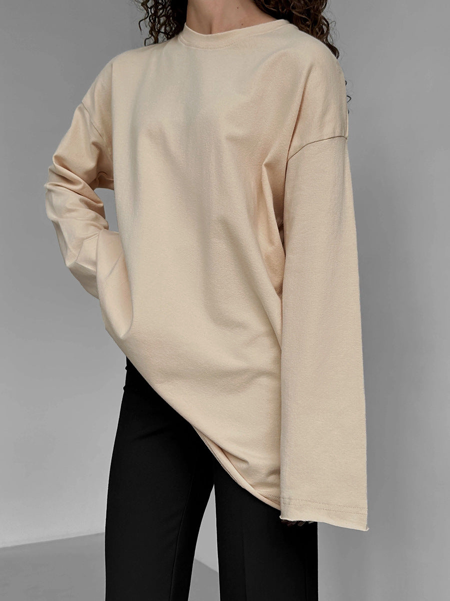 Women's cotton T-shirt spring and autumn loose solid color Oversize round neck long sleeve loose top