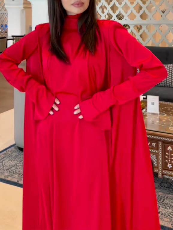 Flared Sleeves Long Sleeves Solid Color High-Neck Maxi Dresses