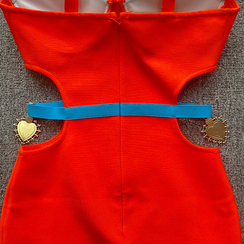 New French contrast color hot girl sexy cutout off-the-shoulder sling bandage one-piece dress