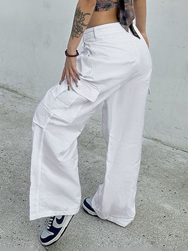 Loose Wide Leg Drawstring Pockets Solid Color Pants Trousers