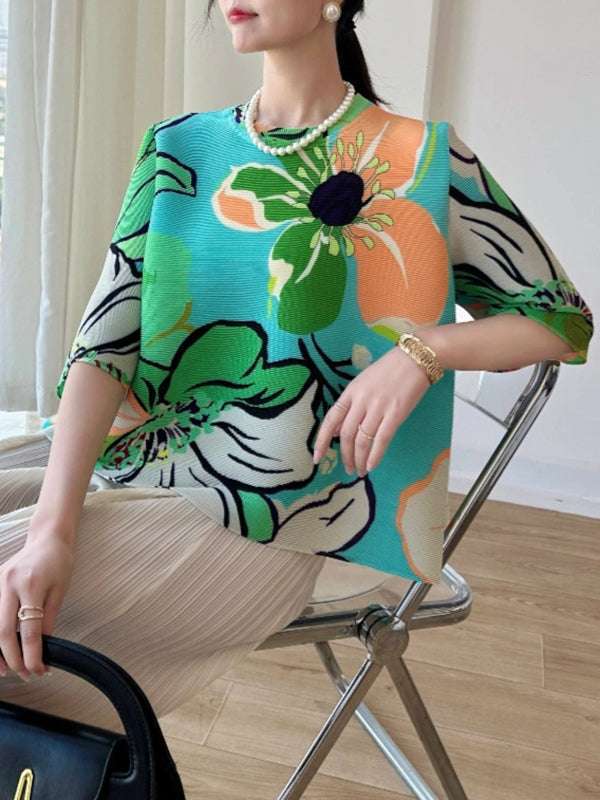 A-Line Half Sleeves Flower Print Pleated Round-Neck T-Shirts Tops