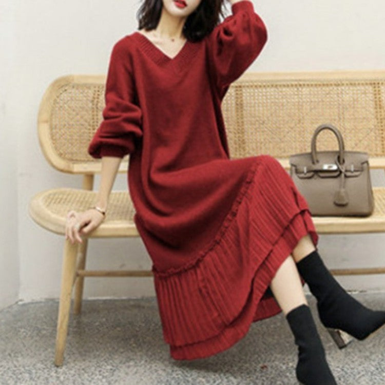 Loose Splicing V-Neck Long Sleeve Sweater Dress