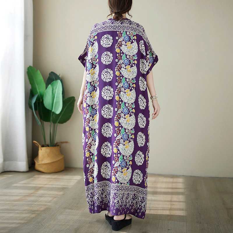 Retro Printed V-Neck Short Sleeve Maxi Dress