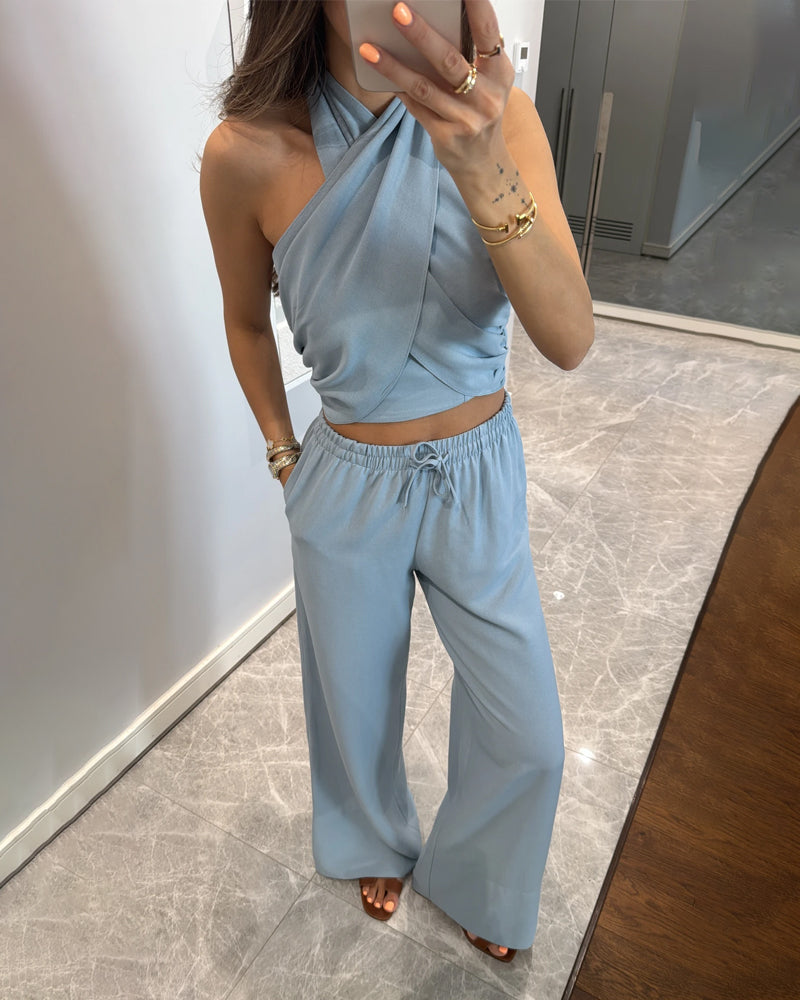 Casual Solid Color Lace-Up Top & Pants Two-Piece Set