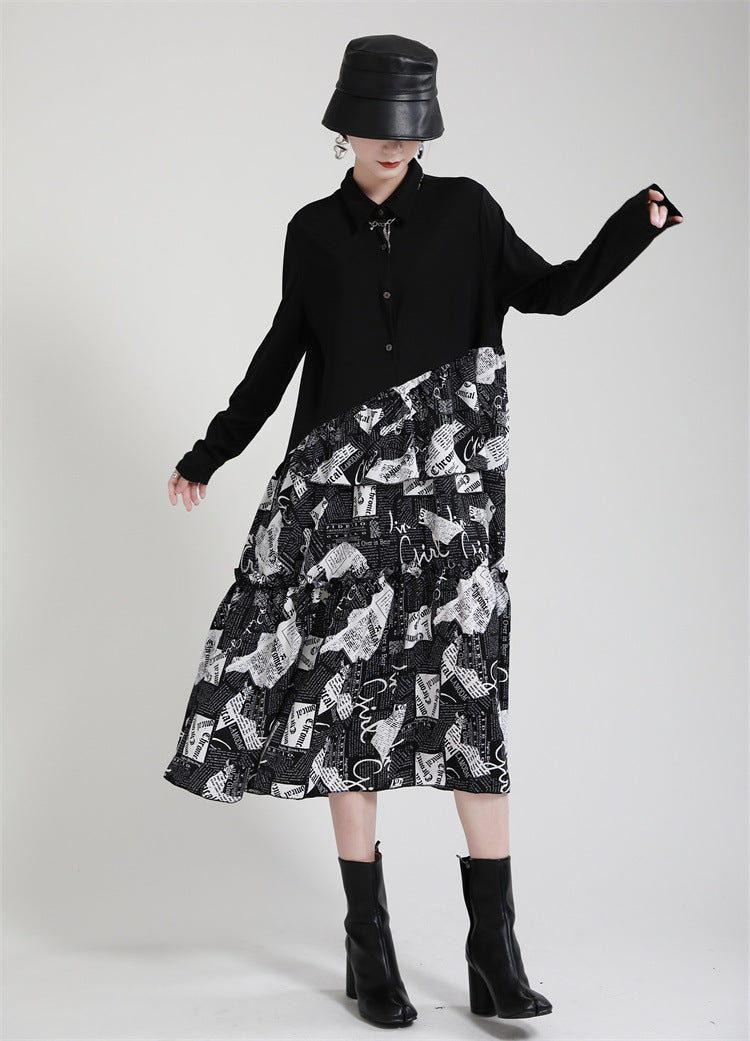 Irregular Splicing Long Sleeve Midi Dress