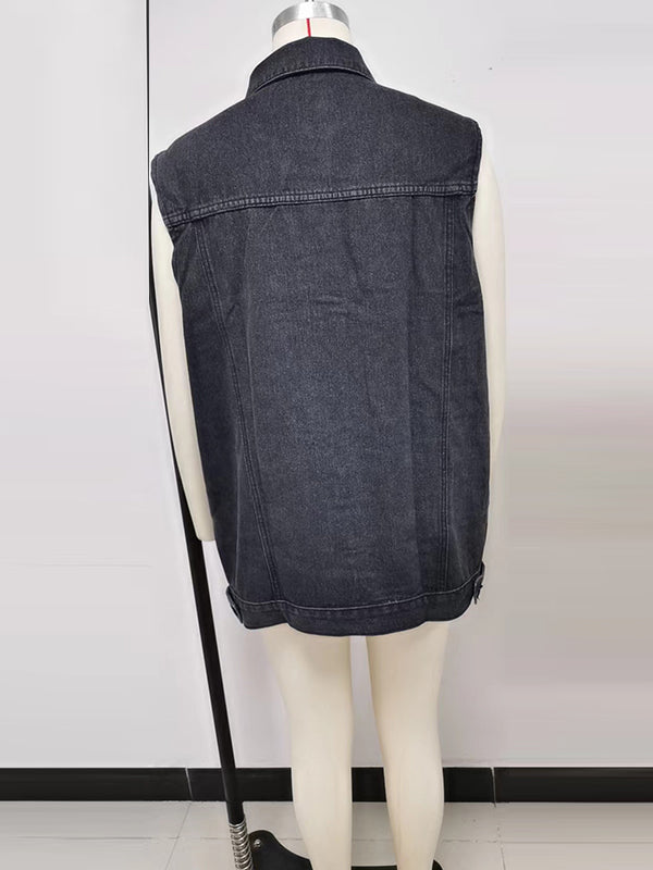Loose Sleeveless Buttoned Drawstring Pockets Split-Joint Polo Vest Outerwear
