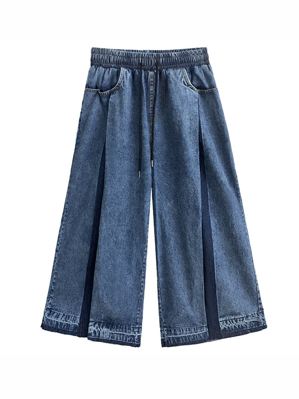 Loose Wide Leg Contrast Color Drawstring Fringed Pockets Jean Pants Bottoms