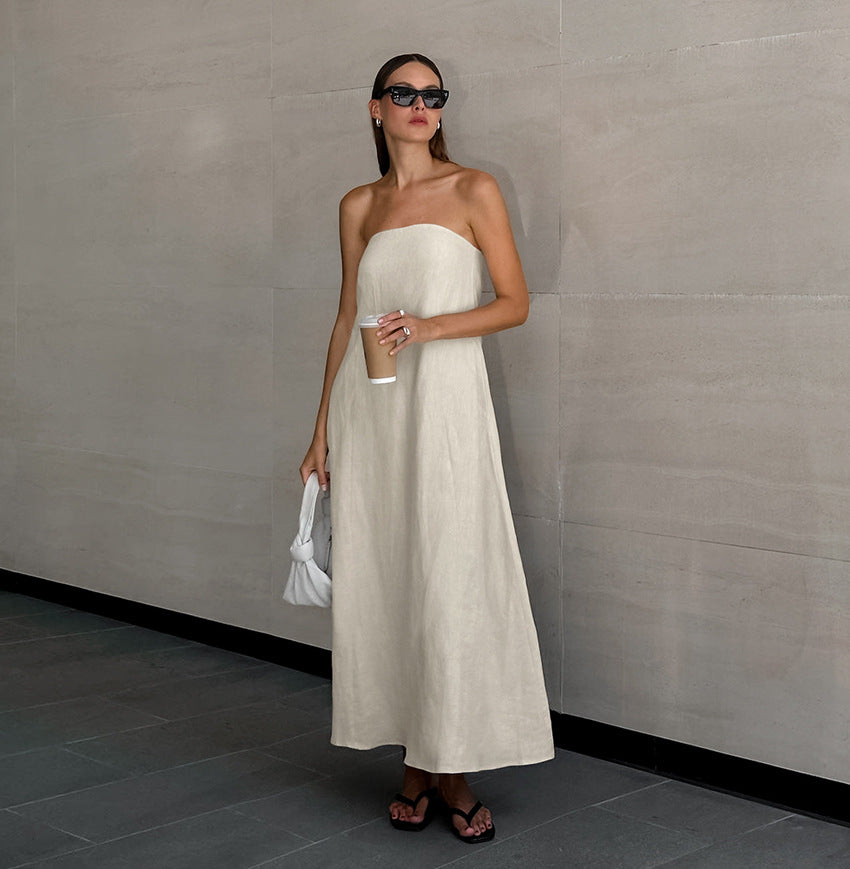 Vacation Cotton-Linen Solid Sheath Backless Maxi Dress