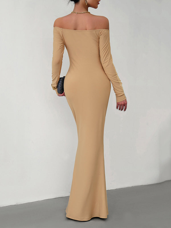 Bodycon Long Sleeves See-Through Solid Color Off-The-Shoulder Maxi Dresses