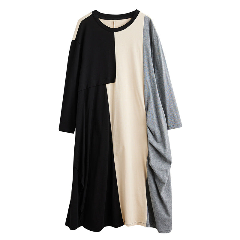 Loose Color Blocking Splicing Round Neck Midi Dress