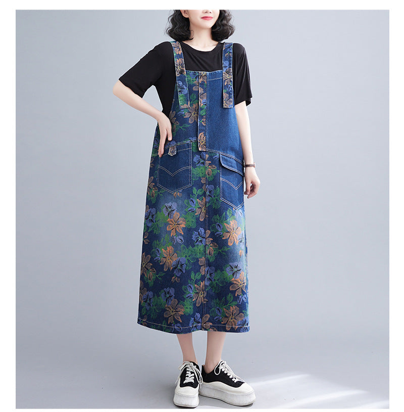 Literary Print Splicing Denim Suspender Midi Dress