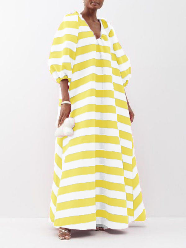 Elegant Striped Puff Sleeve Maxi Dress
