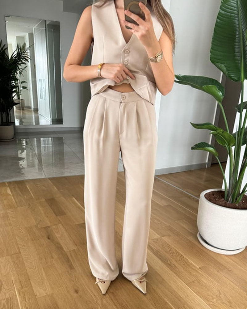 Fashion Solid Color V-neck Vest & Pants Two-piece Set