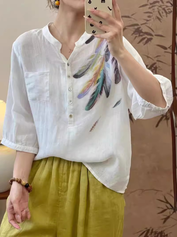 Literary Feather Print Ramie Shirt