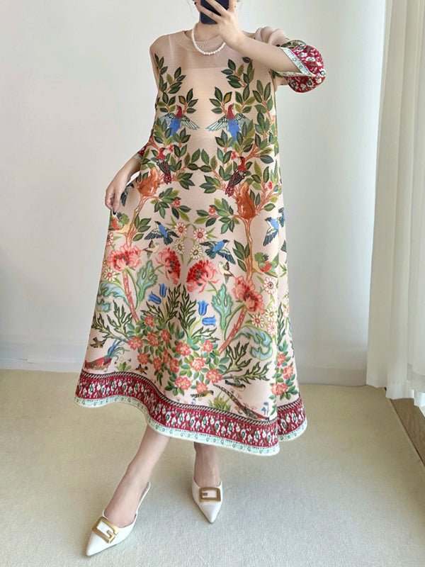 A-Line Loose Flower Print Pleated Round-Neck Midi Dresses