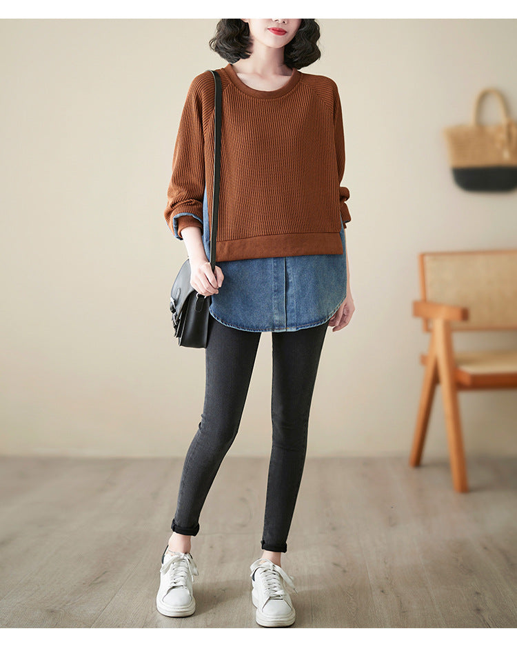 Loose Splicing Round Neck Long Sleeve Fake Two Pieces Sweater