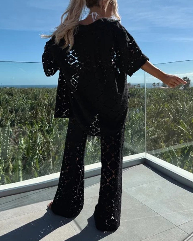 Fashion Hollow Lace Short Sleeve Trousers Set
