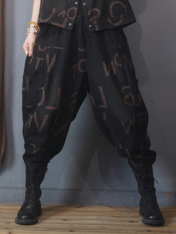 Vintage Plaid Letter Print Jean Pants Bottoms Vest Top Two Pieces Set