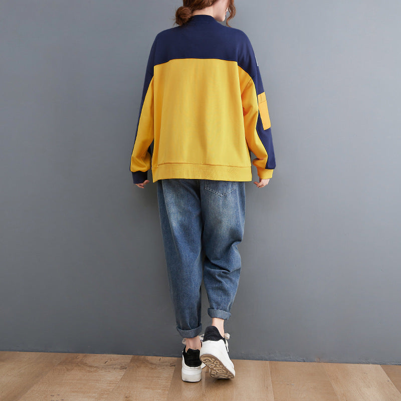 Casual Color Blocking Round Neck Long Sleeve Baseball Jacket