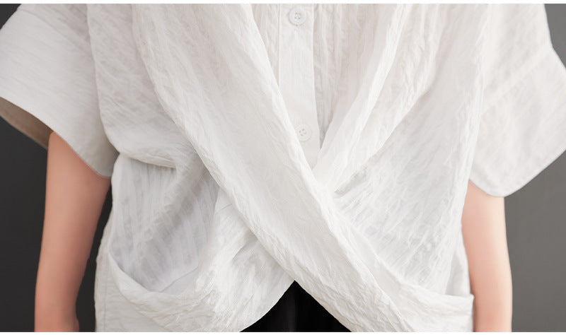 Loose Vertical Stripe Short Sleeve Shirt