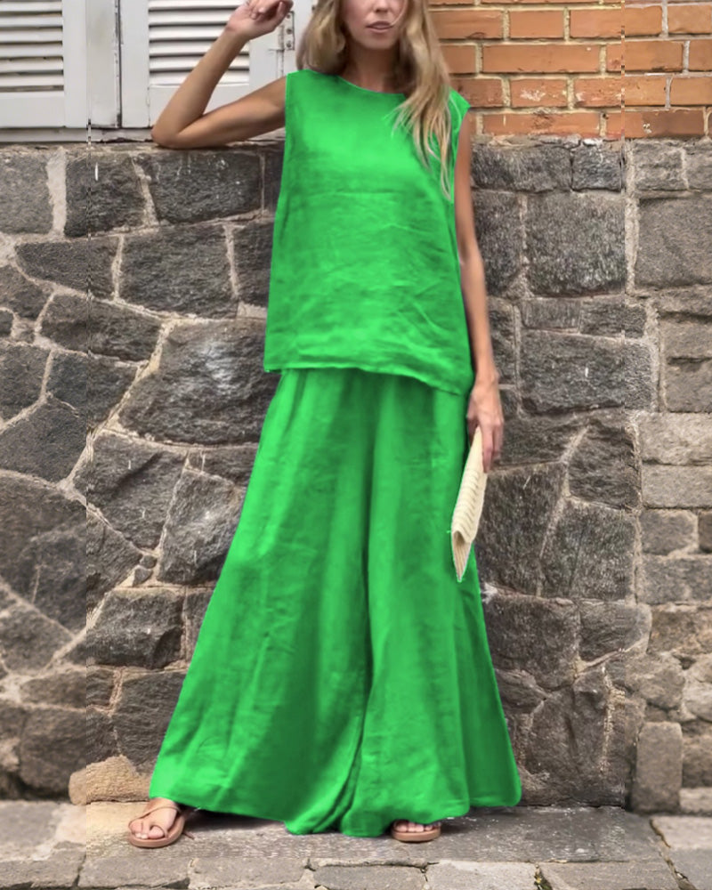 Two-piece Loose Solid Color Sleeveless Pants Set