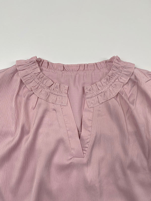 Loose Ruffle Sleeves Pleated Solid Color V-Neck T-Shirts Tops