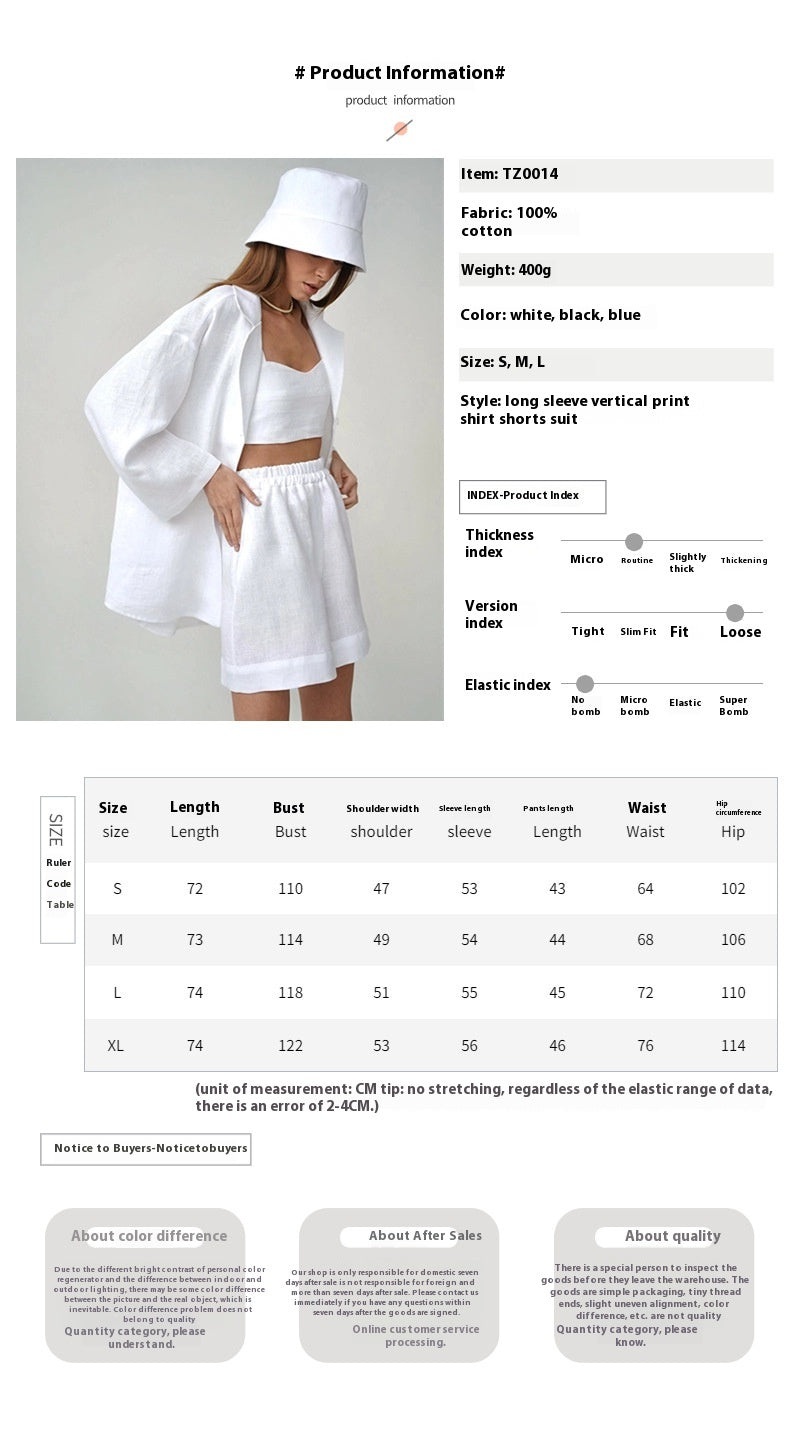 Cotton shorts suit women's lapel loose single-breasted Shirt high waist straight pants two-piece set