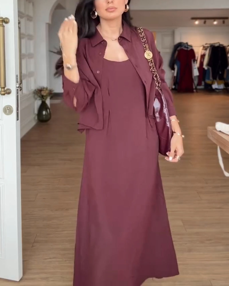 Casual Sling Dress & Shirt Two-Piece Set