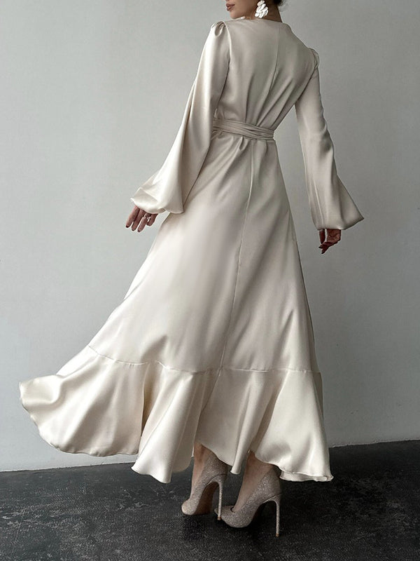 Loose Puff Sleeves Asymmetric Pleated Solid Color Split-Joint Tied Waist V-Neck Maxi Dresses Shirt Dress