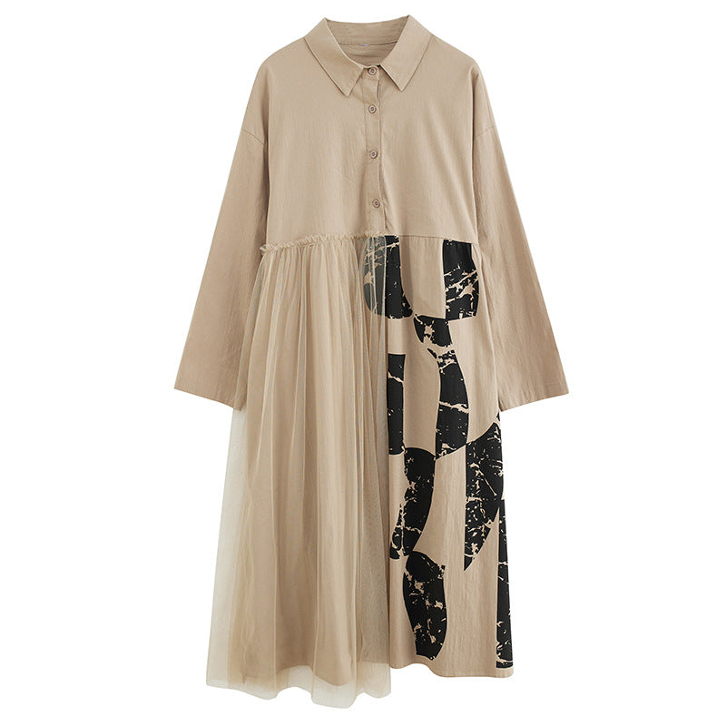 Retro Splicing Mesh Long Sleeve Midi Dress