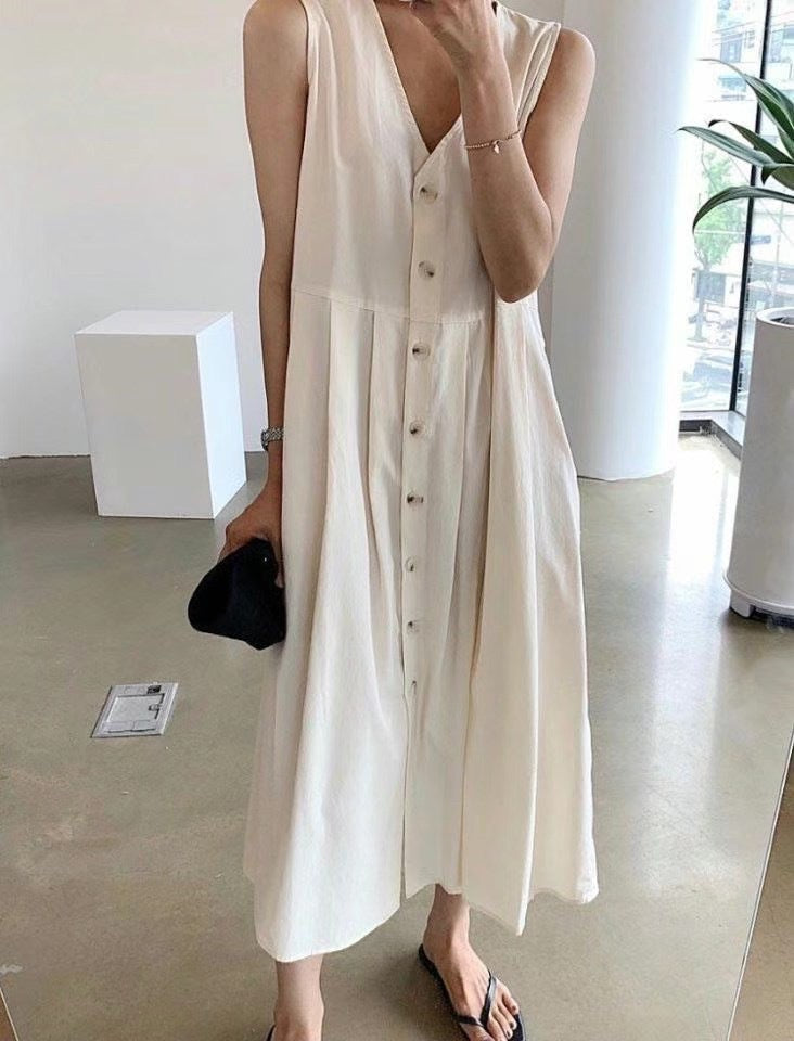 Summer Vintage V-Neck Sleeveless Midi Dress