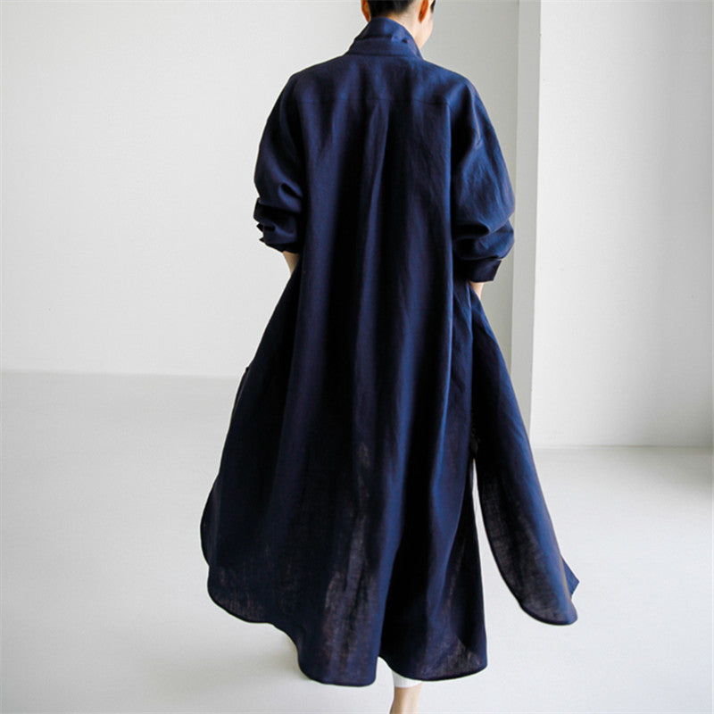 Simple Cotton Linen Long Sleeve Midi Dress