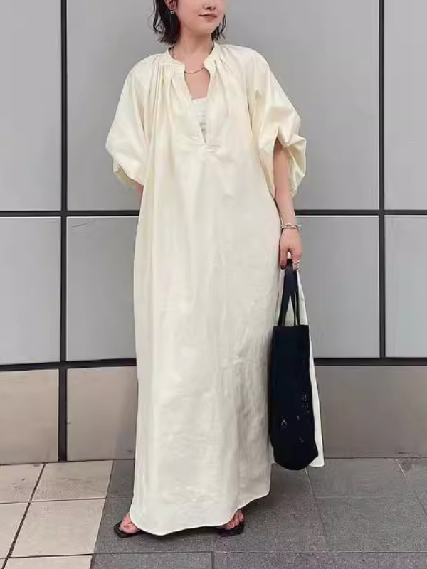 V-Neck Loose Casual Puffy Sleeves Solid Color Maxi Dress