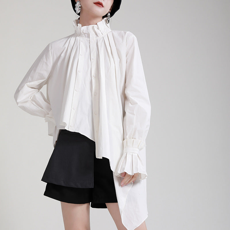 Irregular Solid Color Stand Collar Long Sleeve Shirt