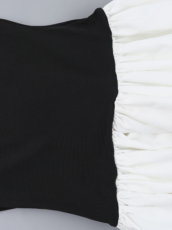 Long Sleeves Skinny Contrast Color Pleated Split-Joint Round-Neck Mini Dresses