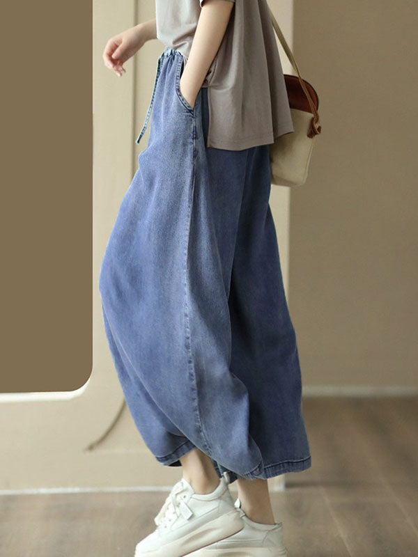 High Waisted Ninth Pants Drawstring Elasticity Pockets Wide Leg Jean Pants