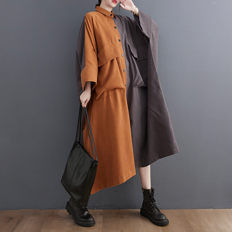 Loose Color Blocking Long Sleeve Midi Dress