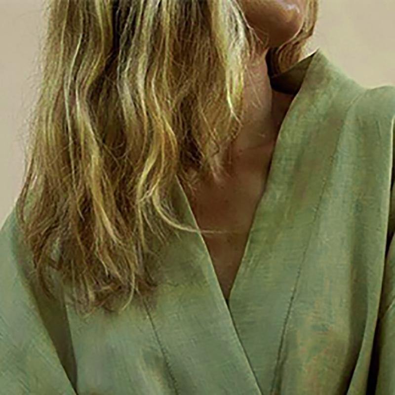 Lace Up Women's V-Neck Kimono Cardigan Mini Cotton Linen Long Sleeve Sashes Dress