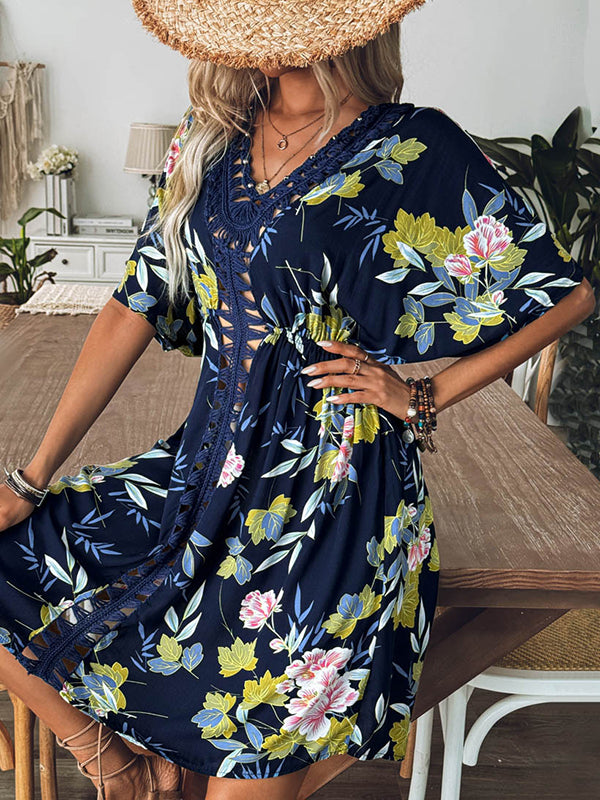 Loose Short Sleeves Flower Print Hollow V-Neck Cover-Up Mini Dresses