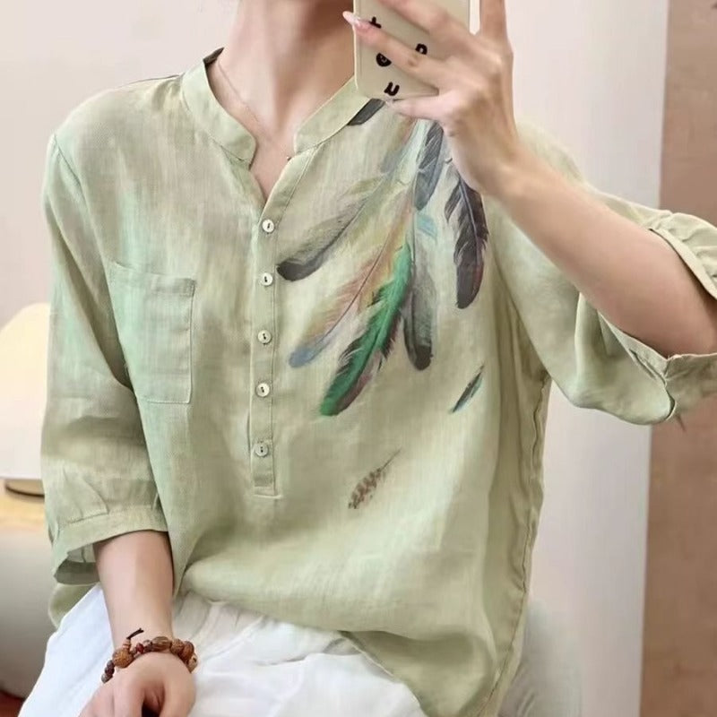 Literary Feather Print Ramie Shirt