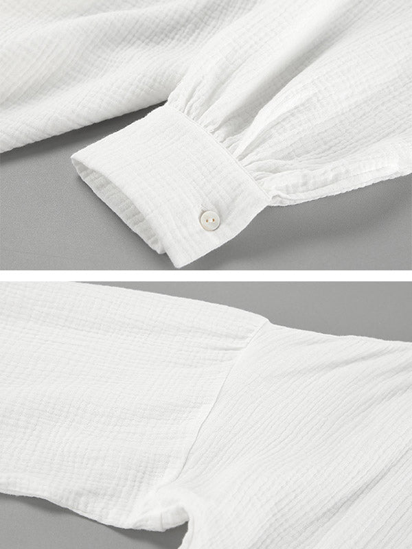 Loose Puff Sleeves Pleated Solid Color Split-Joint V-Neck Blouses&Shirts Tops