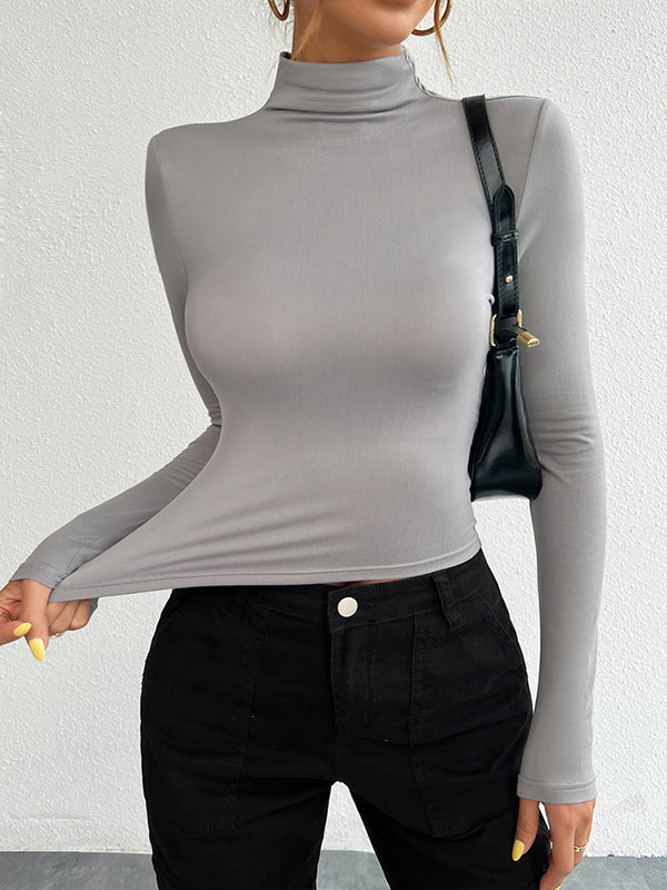 Long Sleeves Skinny Solid Color High Neck T-Shirts Tops