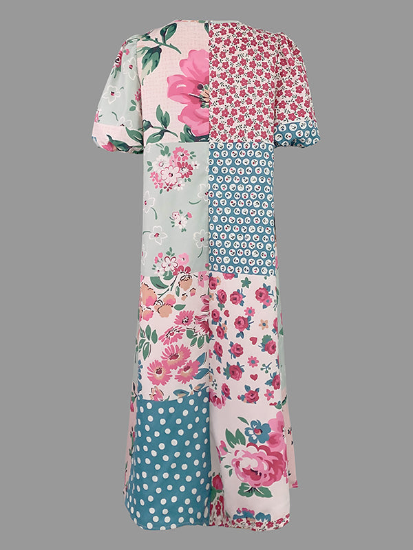 Half Sleeves Loose Flower Print Polka-Dot Round-Neck Midi Dresses