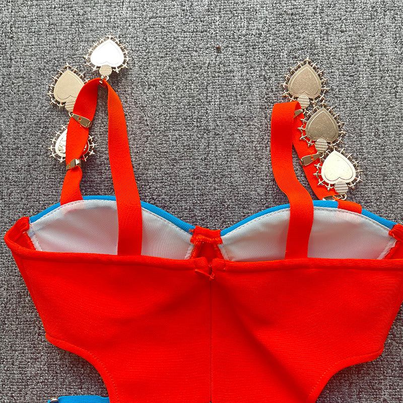 New French contrast color hot girl sexy cutout off-the-shoulder sling bandage one-piece dress