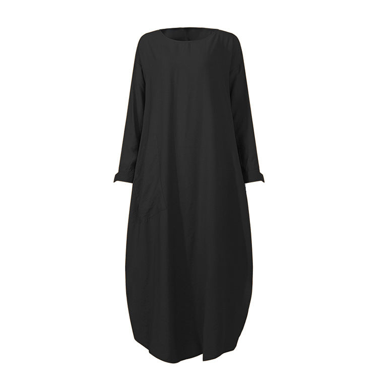 Simple Solid Color Long Sleeve Round Neck Midi Dress