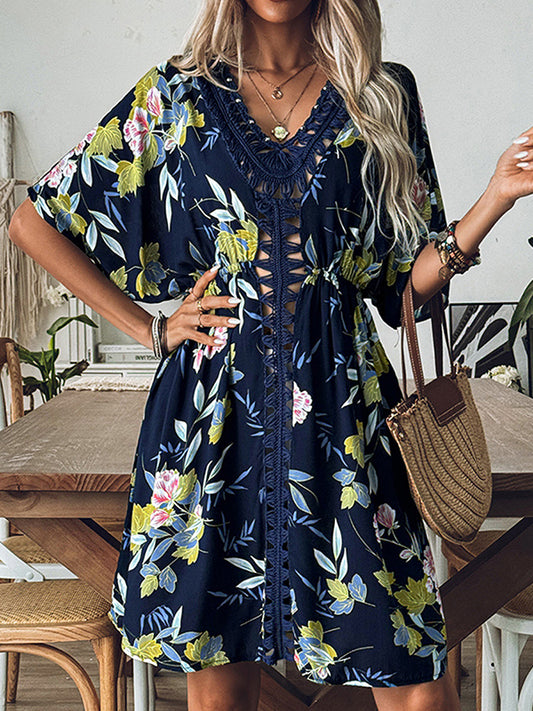 Loose Short Sleeves Flower Print Hollow V-Neck Cover-Up Mini Dresses